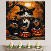 Enchanted Autumn Eve: Tuxedo Cat Witch and Kittens with Glowing Jack-O-Lantern on Ready to Hang 1.5" Thick Canvas Wrap, Floating Framed Canvas, Flat Rolled Canvas